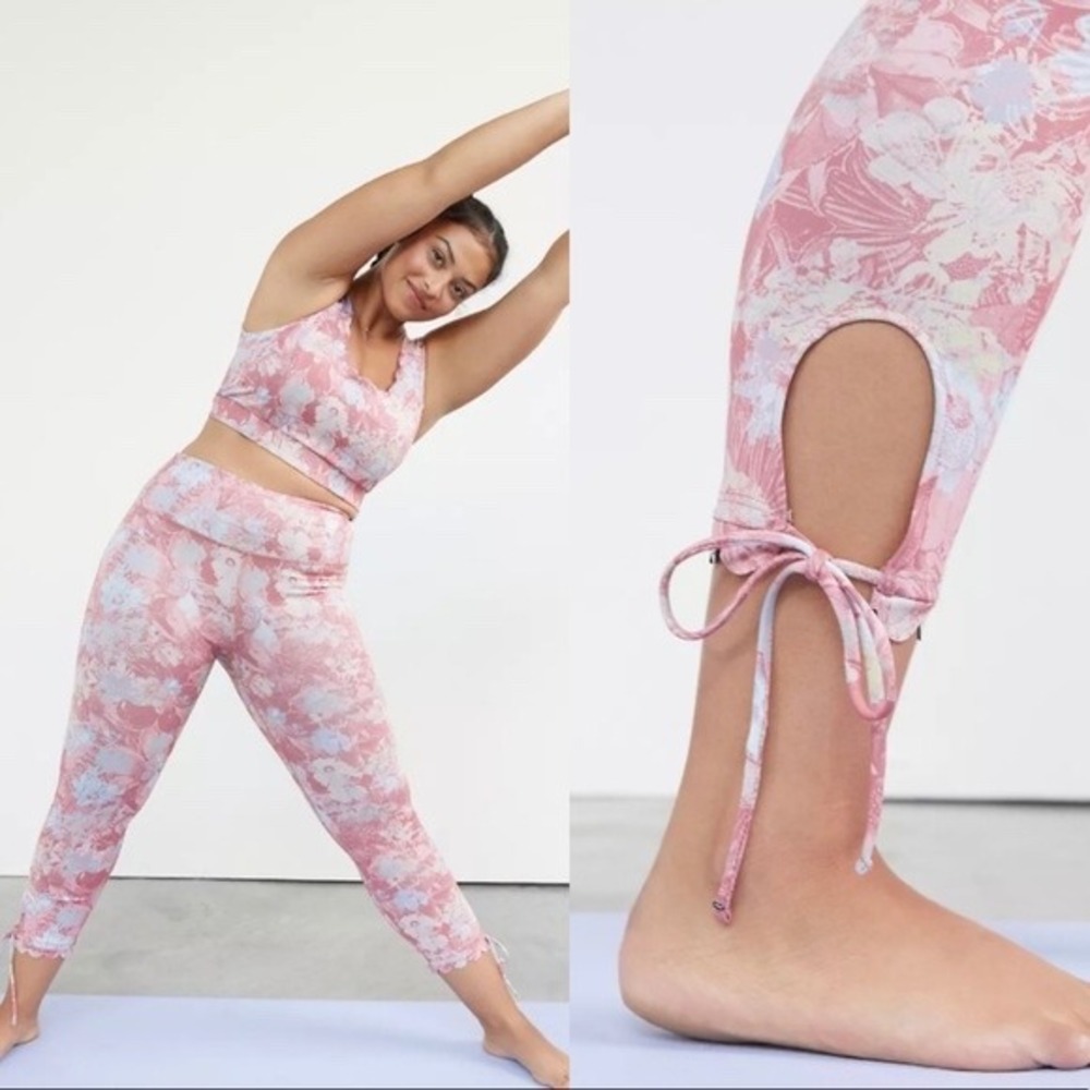 Anthropologie Daily Practice Tie Ankle Leggings Capris Pink Blue Sz S Activewear